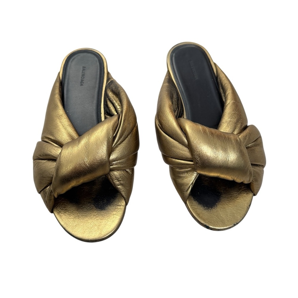 Balenciaga Drapy Gold Leather Slip‎ On Slide Sandals - Picture 4 of 9
